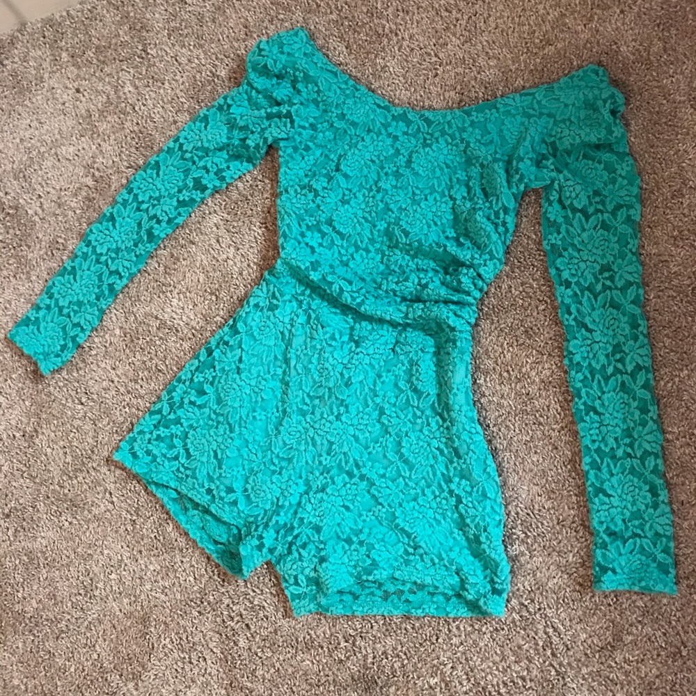 Vintage OFF SHOULDER Lace Teal Playsuit/Romper